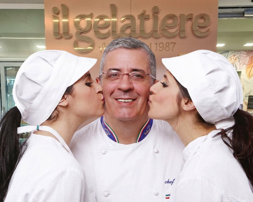 Antonino Genduso con le figlie davanti all’insegna de Il Gelatiere a Palermo